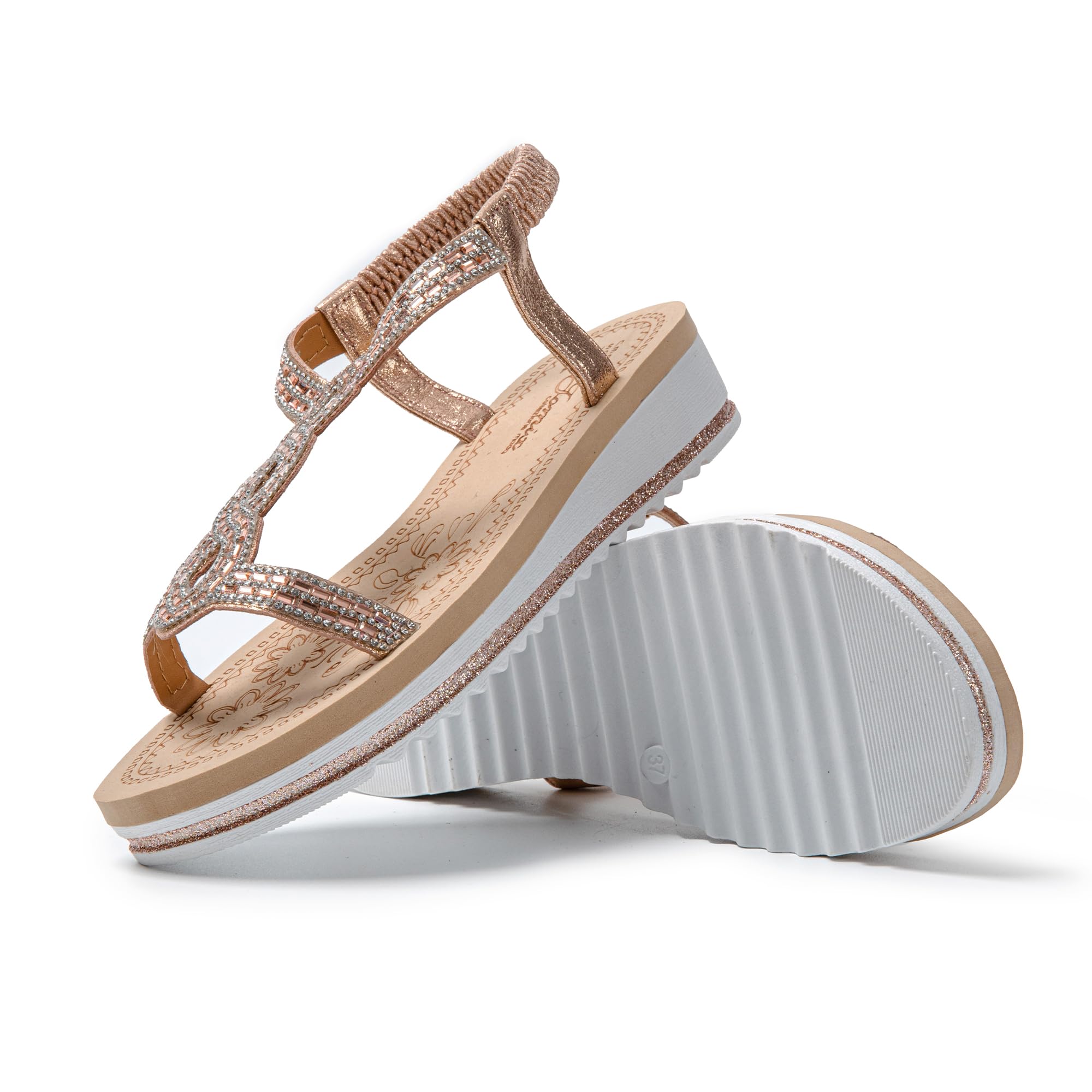 JOMIX Damen Sandalen Glitzer Bohemian Sandals mit Strass Bunte Strandschuhe Sommer Römersandalette