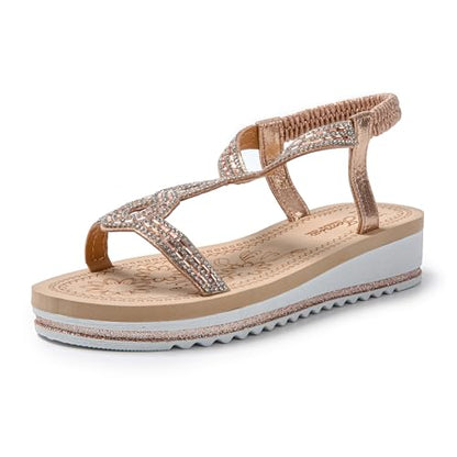JOMIX Damen Sandalen Glitzer Bohemian Sandals mit Strass Bunte Strandschuhe Sommer Römersandalette