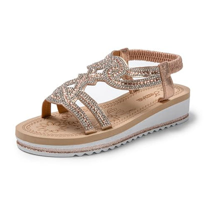 JOMIX Damen Sandalen Glitzer Bohemian Sandals mit Strass Bunte Strandschuhe Sommer Römersandalette
