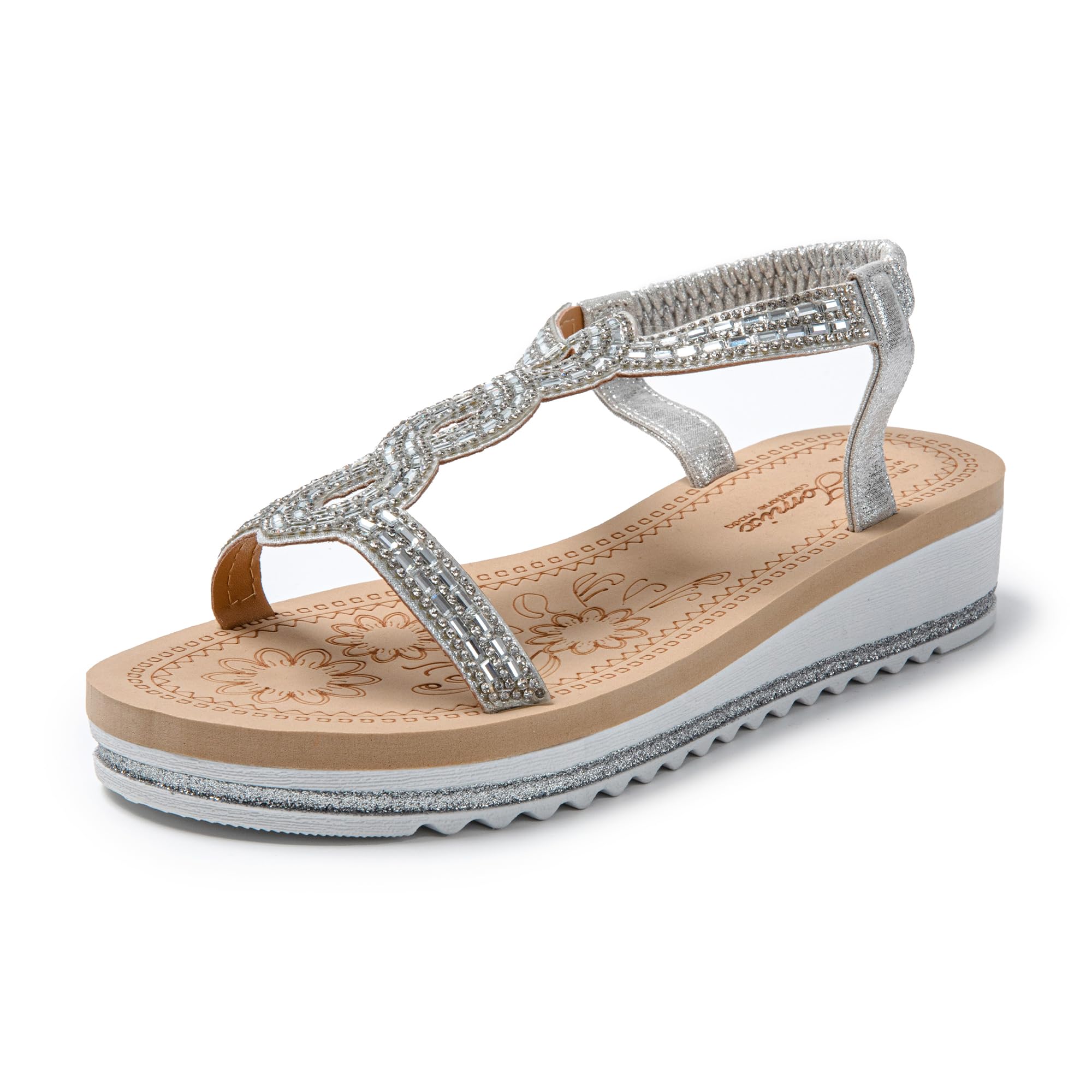 JOMIX Damen Sandalen Glitzer Bohemian Sandals mit Strass Bunte Strandschuhe Sommer Römersandalette