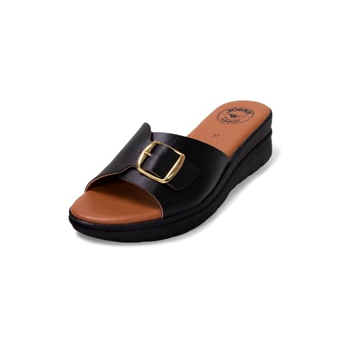 JOMIX Damen Sandalen Leder Sommer Plateau Pantoletten Keilabsatz Strandschuhe Schlappen Slipper