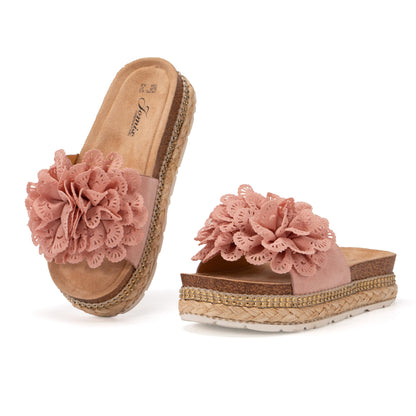 JOMIX Damen Sandalen Pantoletten mit Absatz Blumen Clogs Dicke Sohle Kork Hausschuhe Sommerschuhe Slipper Wandern Meer Strand Pool