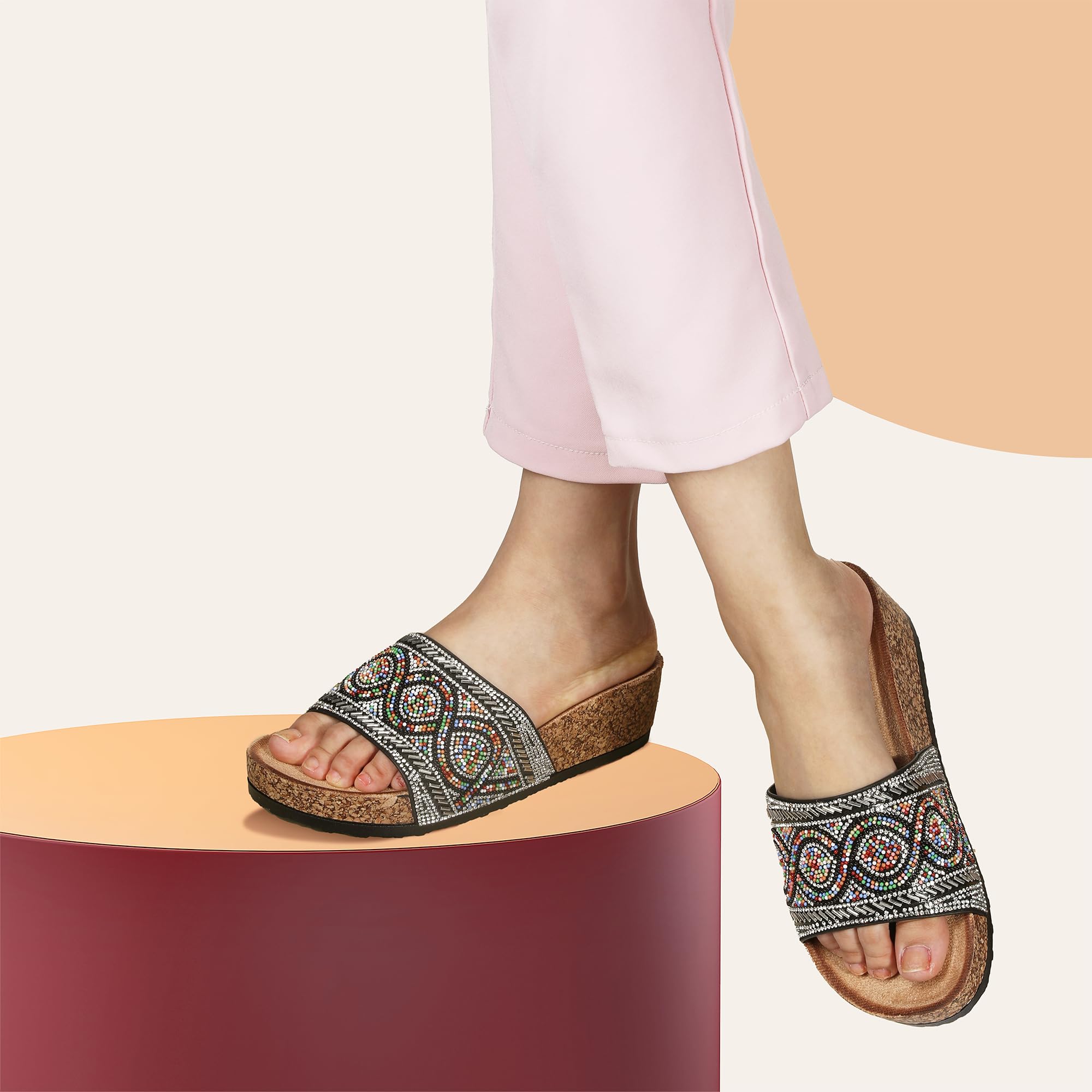JOMIX Damen Sandalen Sommer Glitzer Pantoletten Bunte Clogs Dicke Sohle Kork Hausschuhe Weiche Strand Meer Flach Sommerschuhe