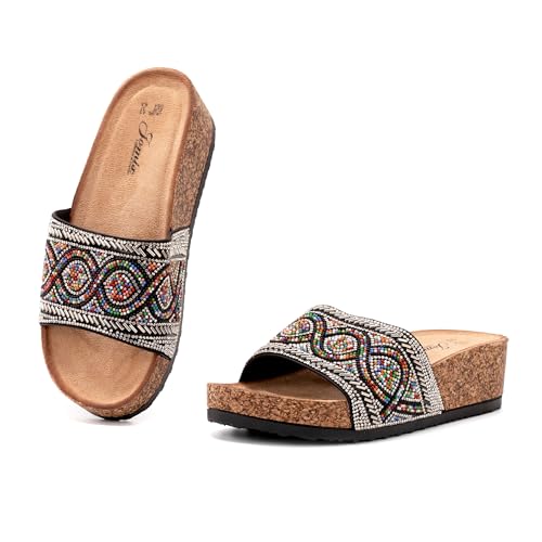 JOMIX Damen Sandalen Sommer Glitzer Pantoletten Bunte Clogs Dicke Sohle Kork Hausschuhe Weiche Strand Meer Flach Sommerschuhe