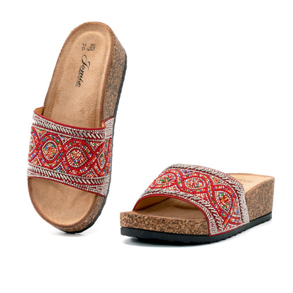 JOMIX Damen Sandalen Sommer Glitzer Pantoletten Bunte Clogs Dicke Sohle Kork Hausschuhe Weiche Strand Meer Flach Sommerschuhe