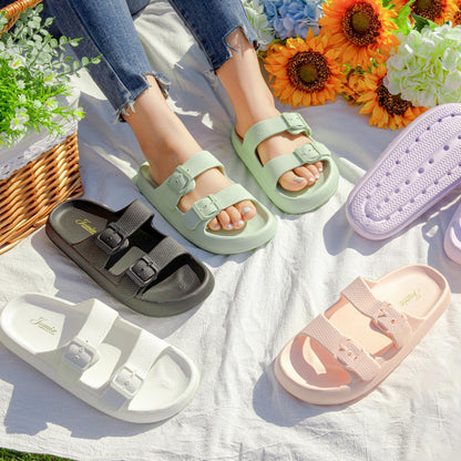 JOMIX Damen Schlappen Badelatschen Sommer Bunte Badeschuhe Flache Rutschfest Sandalen Leicht 100% Eva Badeschlappen mit Schnalle Slipper Pantoletten