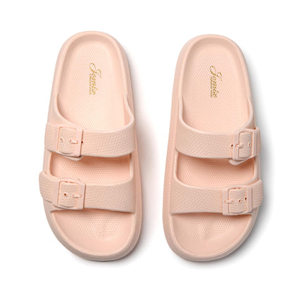 JOMIX Damen Schlappen Badelatschen Sommer Bunte Badeschuhe Flache Rutschfest Sandalen Leicht 100% Eva Badeschlappen mit Schnalle Slipper Pantoletten