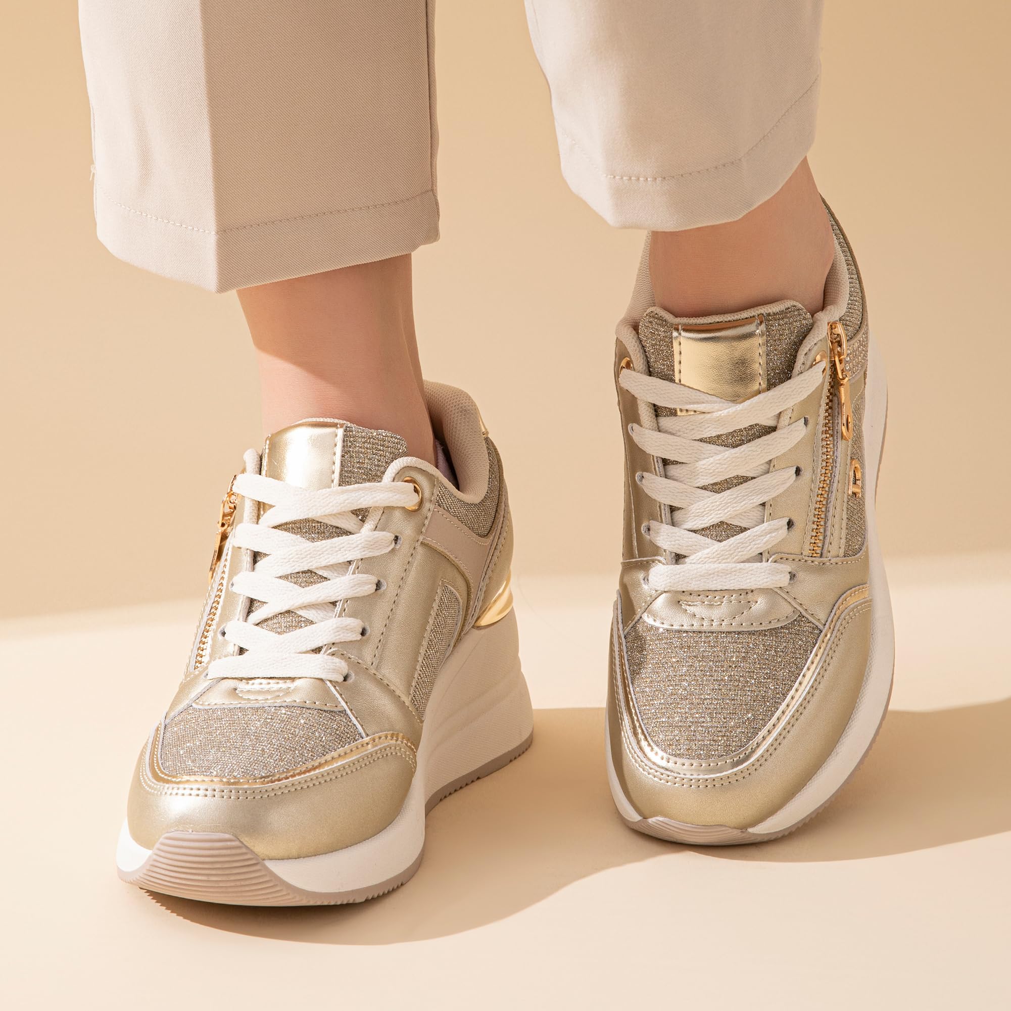 JOMIX Damen Sneaker mit Keilabsatz Mode Freizeitschuhe Keilsneaker Leder Sportschuhe Plateau Casual Schuhe