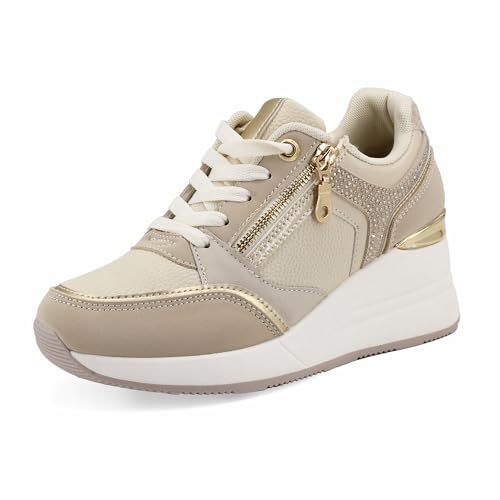 JOMIX Damen Sneaker mit Keilabsatz Mode Sportschuhe Bequeme Leder Freizeitschuhe Plateau Casual Schuhe