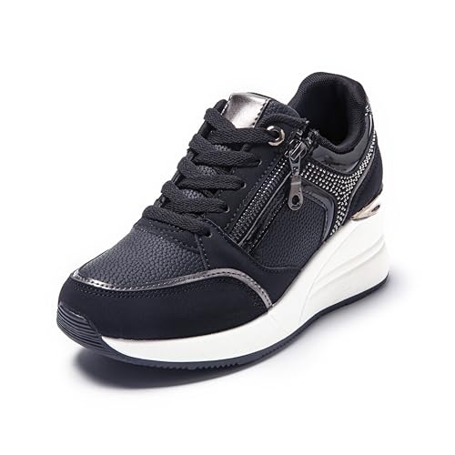 JOMIX Damen Sneaker mit Keilabsatz Mode Sportschuhe Bequeme Leder Freizeitschuhe Plateau Casual Schuhe