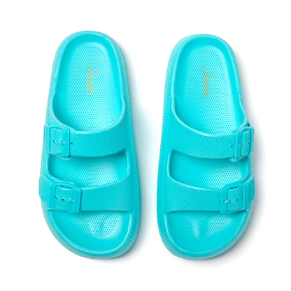 JOMIX Damen Sommer Schlappen Badeschuhe Badelatschen Bunte Pantoletten Flache Rutschfest Sandalen Leicht 100% Eva Badeschlappen mit Schnalle Slipper