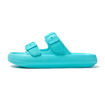 JOMIX Damen Sommer Schlappen Badeschuhe Badelatschen Bunte Pantoletten Flache Rutschfest Sandalen Leicht 100% Eva Badeschlappen mit Schnalle Slipper