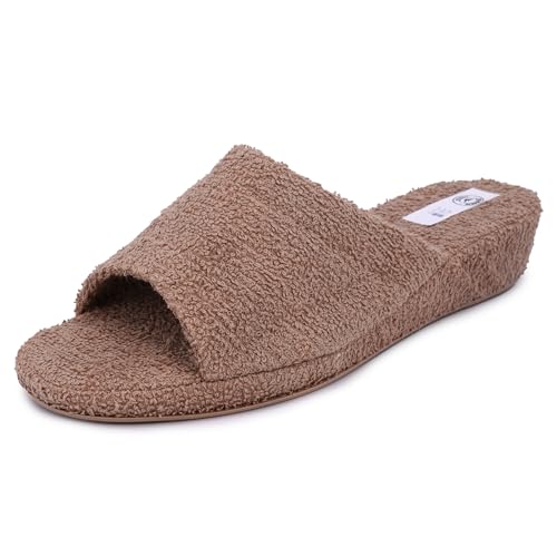 JOMIX Frottee Hausschuhe Damen Weiche Keilabsatz Pantoffeln Offen Bequeme Einfarbige Slipper Indoor