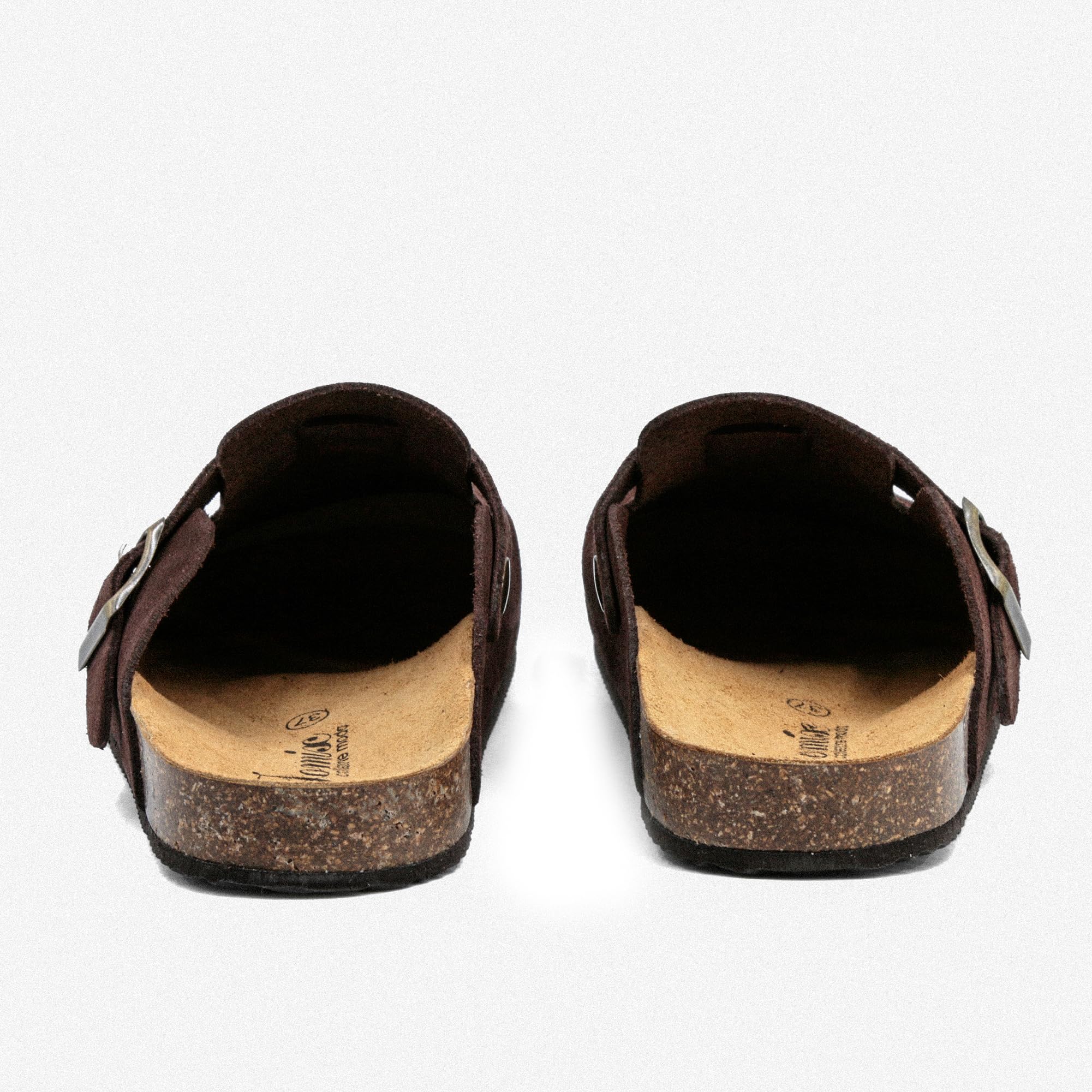 JOMIX Hausclogs Damen Pantoletten Geschlossen mit Schnalle Wildlederoptik Korkfußbett Rutschfeste EVA - Sohle Bequeme Mules Sabots für Zuhause Arbeit