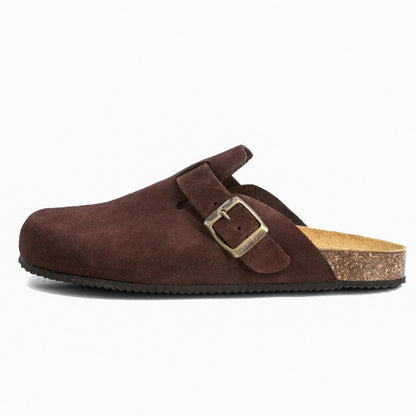 JOMIX Hausclogs Damen Pantoletten Geschlossen mit Schnalle Wildlederoptik Korkfußbett Rutschfeste EVA - Sohle Bequeme Mules Sabots für Zuhause Arbeit