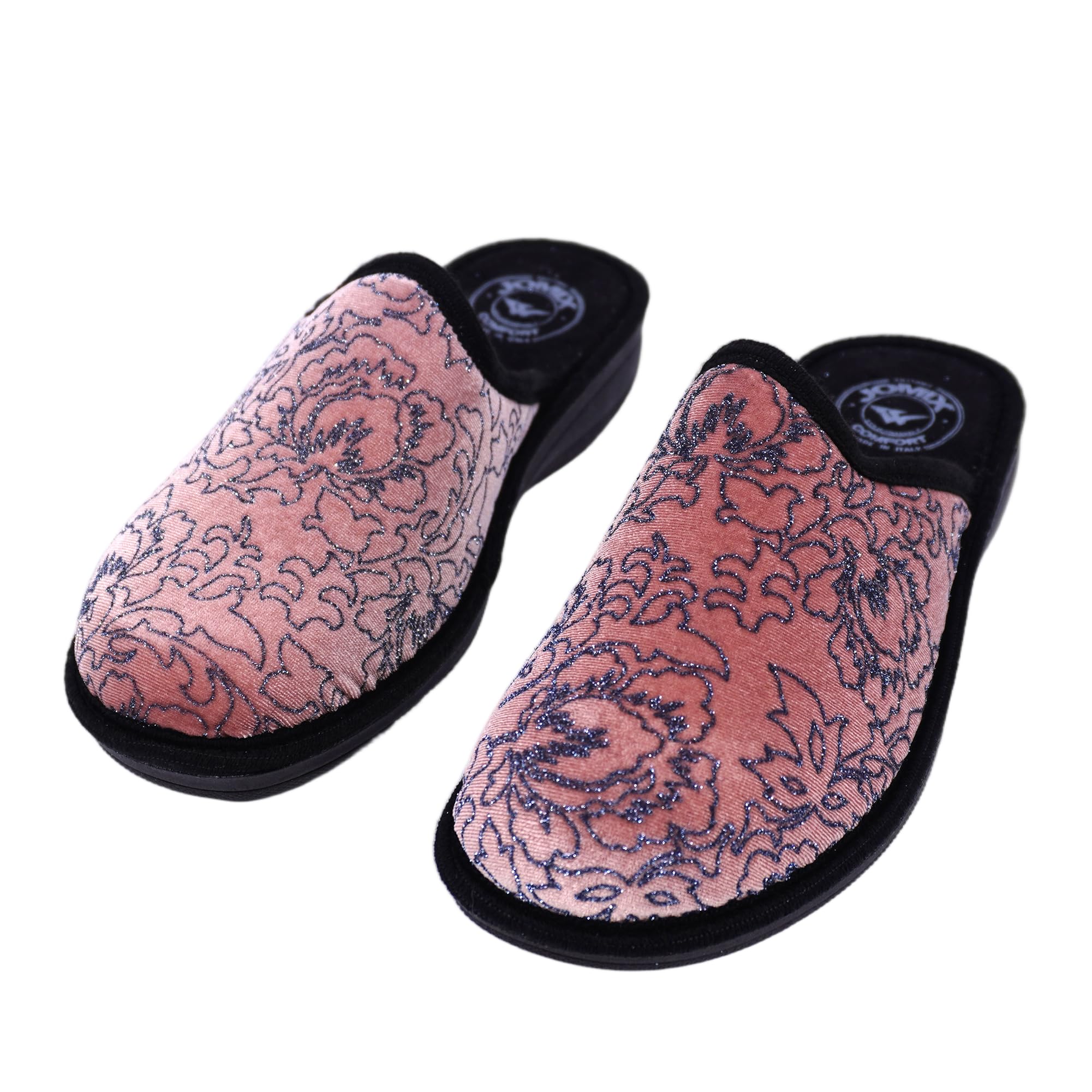 JOMIX Hausschuhe Damen Pantoletten mit Absatz Winter Bequeme Bedruckte Pantoffeln Made in Italy