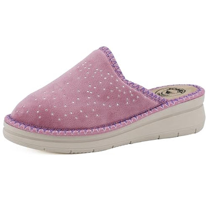 JOMIX Hausschuhe Damen Pantoletten mit Absatz Winter Bequeme Kunstwildleder Pantoffeln Made in Italy