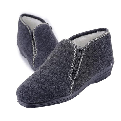 JOMIX Hausschuhe Damen Warm Gefüttert Pantoffeln Stiefelette Rutschfeste Gummisohle Hausstiefel mit Reißverschluss Knöchelhoch Filzoptik Made in Italy