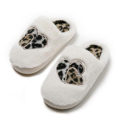 JOMIX Hausschuhe Damen Winter Warme Plüsch Gefüttert Pantoffeln Bequeme Rutschfeste Herzen Leopard Slippers Elegant Puschen