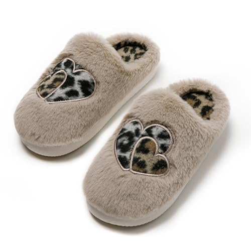 JOMIX Hausschuhe Damen Winter Warme Plüsch Gefüttert Pantoffeln Bequeme Rutschfeste Herzen Leopard Slippers Elegant Puschen