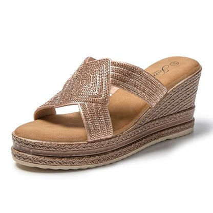 JOMIX Pantoletten Damen Elegant Sandalen mit Absatz Sommer Anatomische Fußbett Keil Strass Schlappen Strand Hausschuhe Strandsandalen