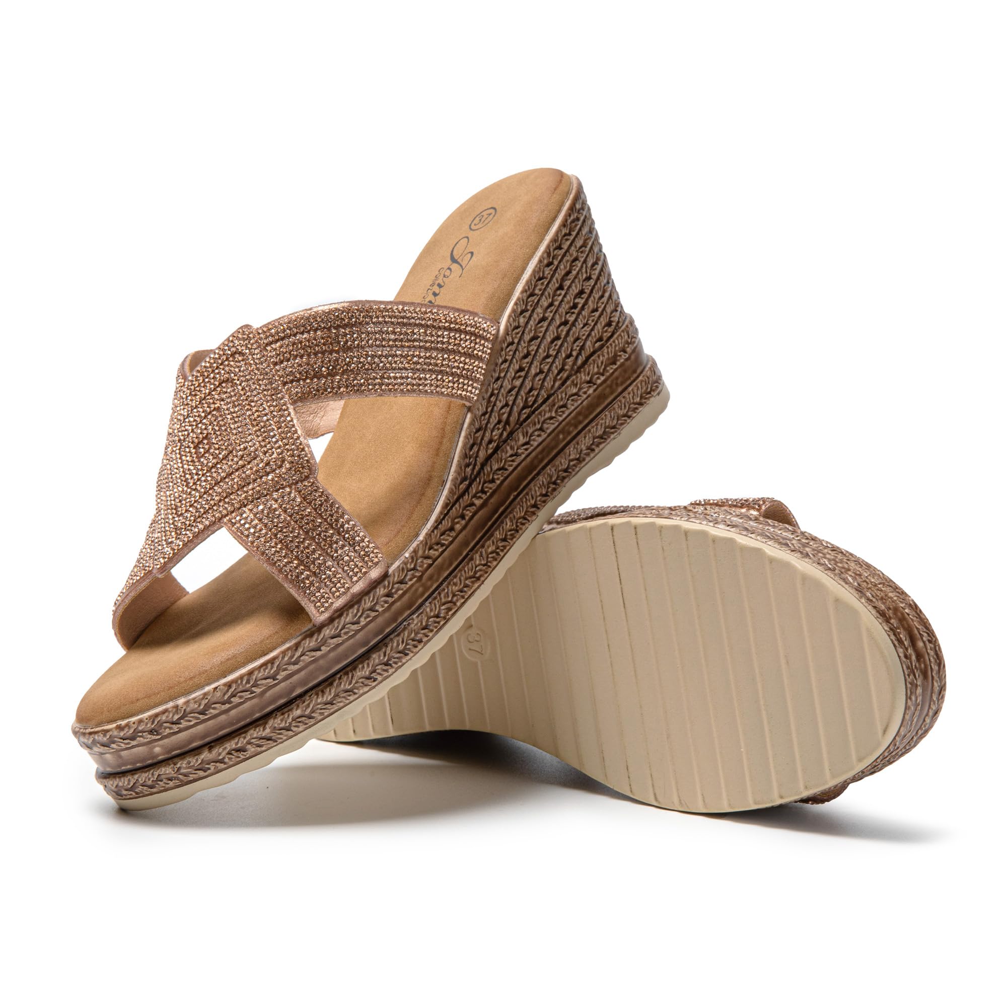 JOMIX Pantoletten Damen Elegant Sandalen mit Absatz Sommer Anatomische Fußbett Keil Strass Schlappen Strand Hausschuhe Strandsandalen