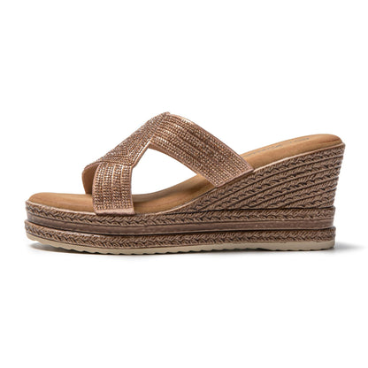 JOMIX Pantoletten Damen Elegant Sandalen mit Absatz Sommer Anatomische Fußbett Keil Strass Schlappen Strand Hausschuhe Strandsandalen