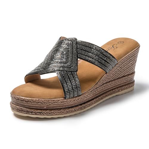 JOMIX Pantoletten Damen Elegant Sandalen mit Absatz Sommer Anatomische Fußbett Keil Strass Schlappen Strand Hausschuhe Strandsandalen