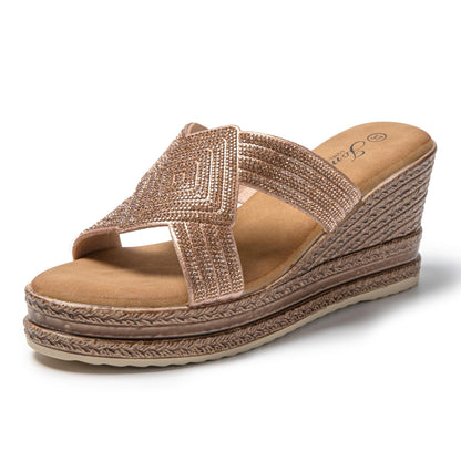 JOMIX Pantoletten Damen Elegant Sandalen mit Absatz Sommer Anatomische Fußbett Keil Strass Schlappen Strand Hausschuhe Strandsandalen