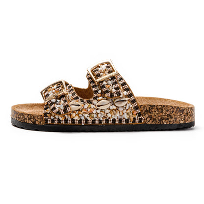 JOMIX Pantoletten Damen Glitzer Clogs Bohemian Bunte Sandalen mit Muscheln Plateau Bequeme Strand Kork Schuhe
