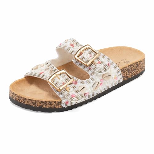 JOMIX Pantoletten Damen Glitzer Clogs Bohemian Bunte Sandalen mit Muscheln Plateau Bequeme Strand Kork Schuhe
