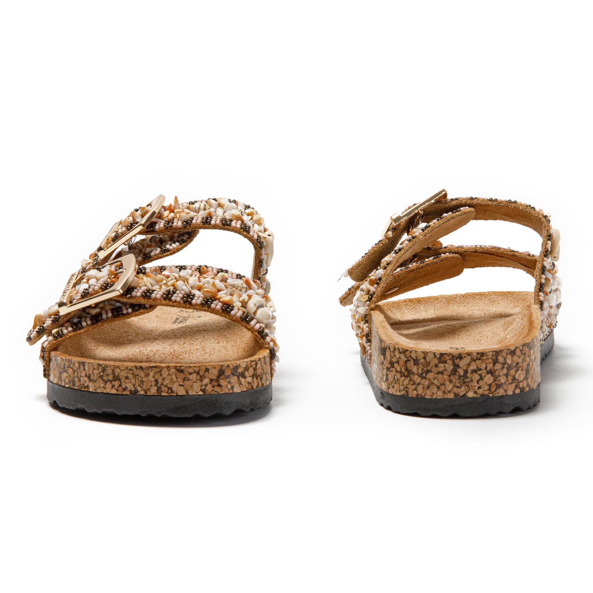 JOMIX Pantoletten Damen Glitzer Clogs Bohemian Bunte Sandalen mit Muscheln Plateau Bequeme Strand Kork Schuhe