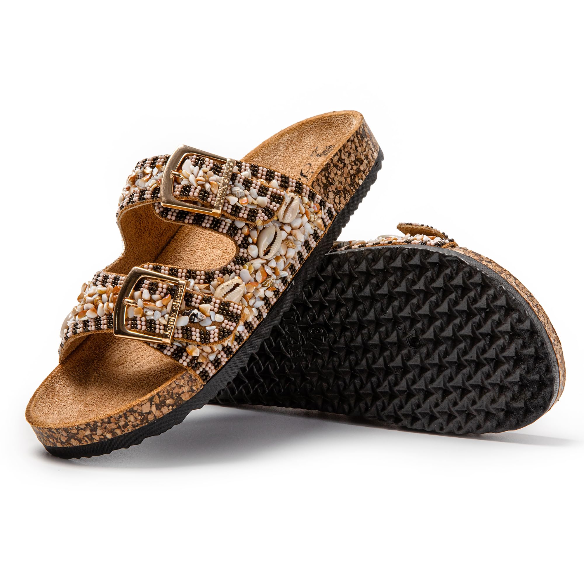 JOMIX Pantoletten Damen Glitzer Clogs Bohemian Bunte Sandalen mit Muscheln Plateau Bequeme Strand Kork Schuhe