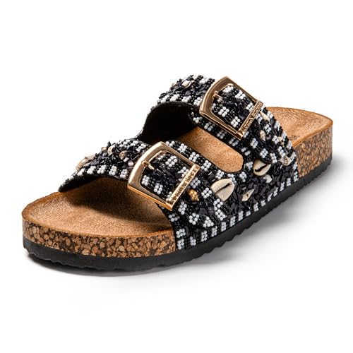 JOMIX Pantoletten Damen Glitzer Clogs Bohemian Bunte Sandalen mit Muscheln Plateau Bequeme Strand Kork Schuhe