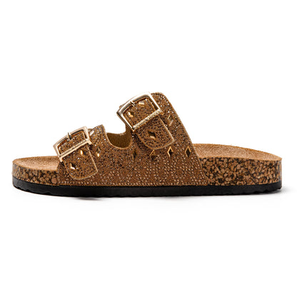 JOMIX Pantoletten Damen Glitzer Clogs Bohemian Bunte Sandalen mit Strass Plateau Bequeme Strand Kork Schuhe