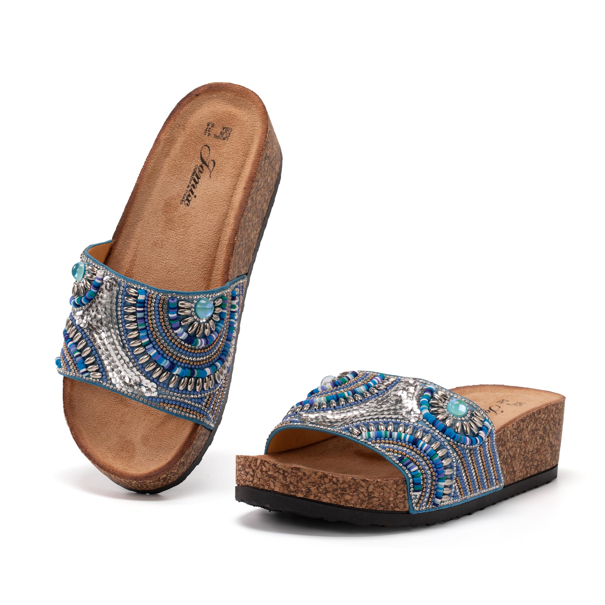 JOMIX Pantoletten Damen Glitzer Clogs Bohemian Bunte Sandalen mit Strassstein Plateau Bequeme Strand Kork Schuhe Sandals Römer Elegant Sandalette