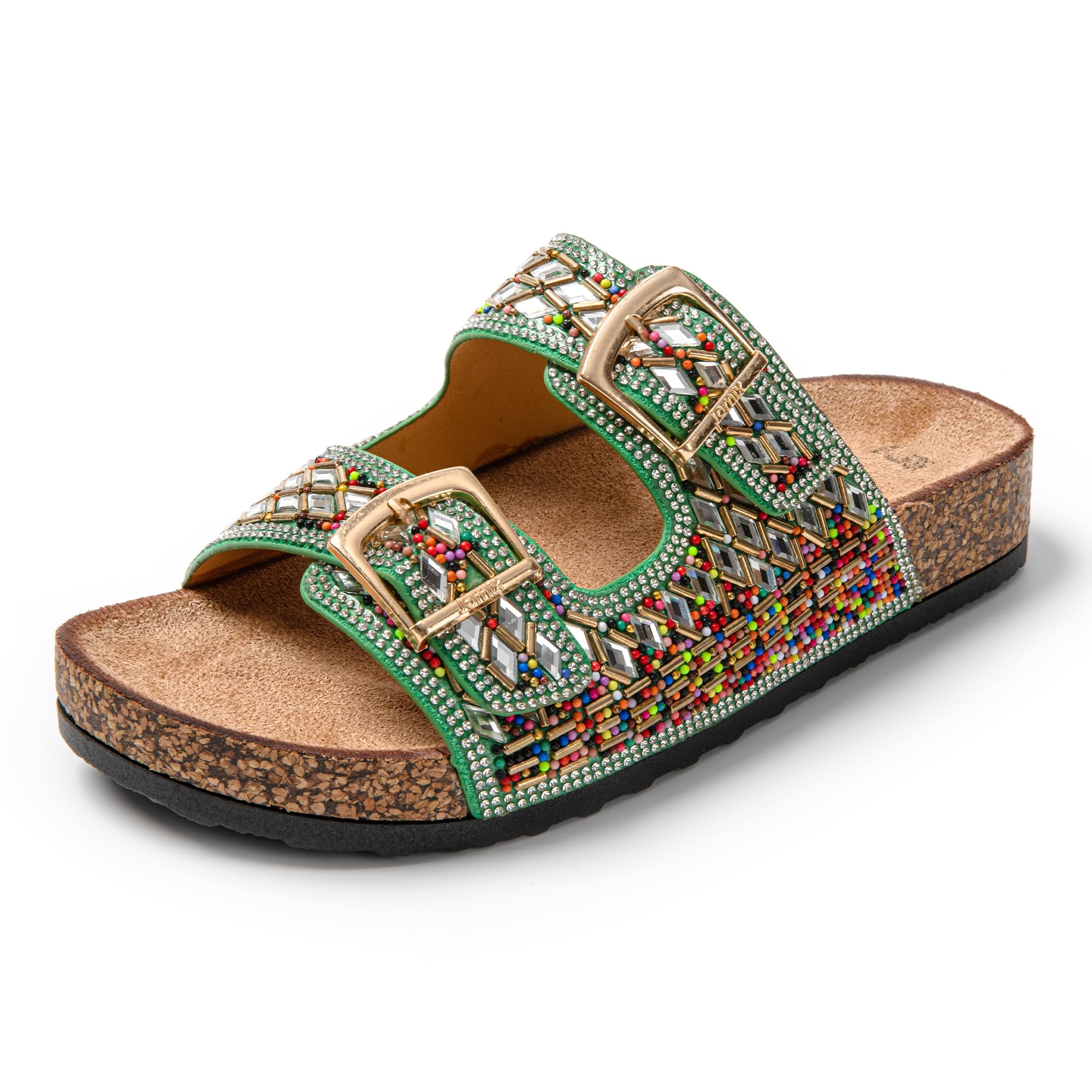 JOMIX Pantoletten Damen Glitzer Clogs Bunte Sandalen mit Strass Plateau Bequeme Strand Kork Schuhe
