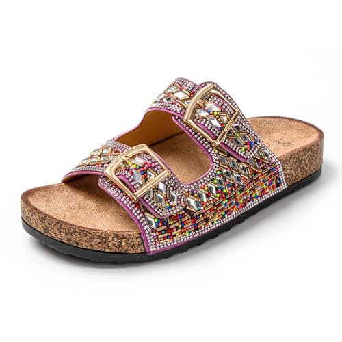 JOMIX Pantoletten Damen Glitzer Clogs Bunte Sandalen mit Strass Plateau Bequeme Strand Kork Schuhe