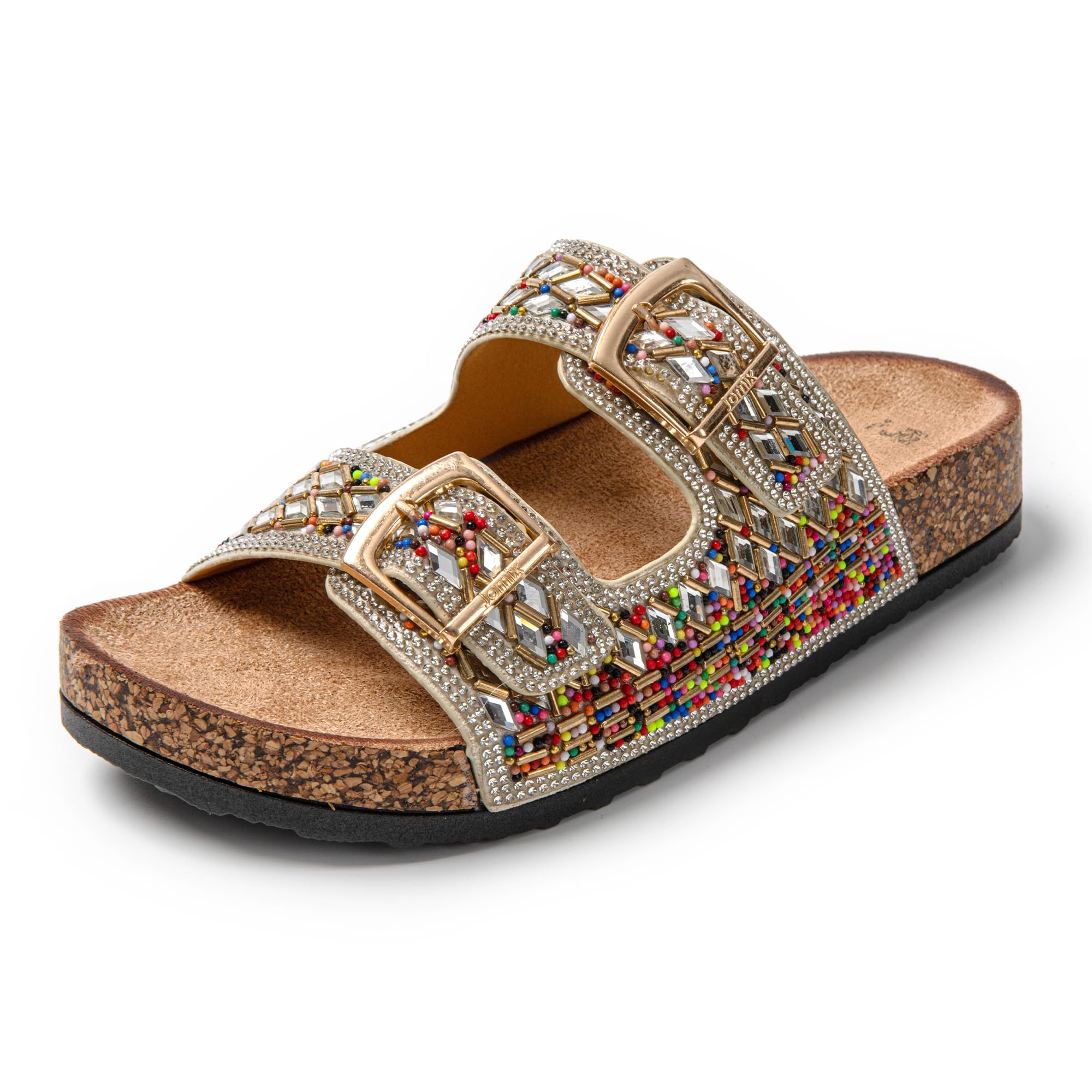 JOMIX Pantoletten Damen Glitzer Clogs Bunte Sandalen mit Strass Plateau Bequeme Strand Kork Schuhe