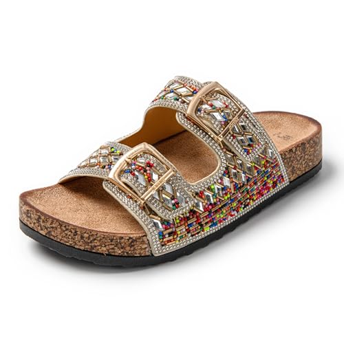 JOMIX Pantoletten Damen Glitzer Clogs Bunte Sandalen mit Strass Plateau Bequeme Strand Kork Schuhe