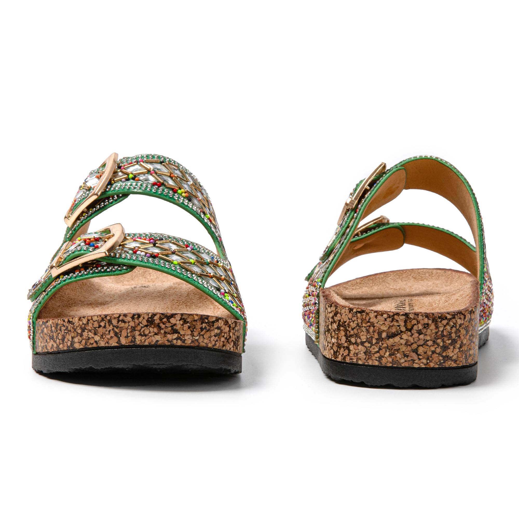 JOMIX Pantoletten Damen Glitzer Clogs Bunte Sandalen mit Strass Plateau Bequeme Strand Kork Schuhe