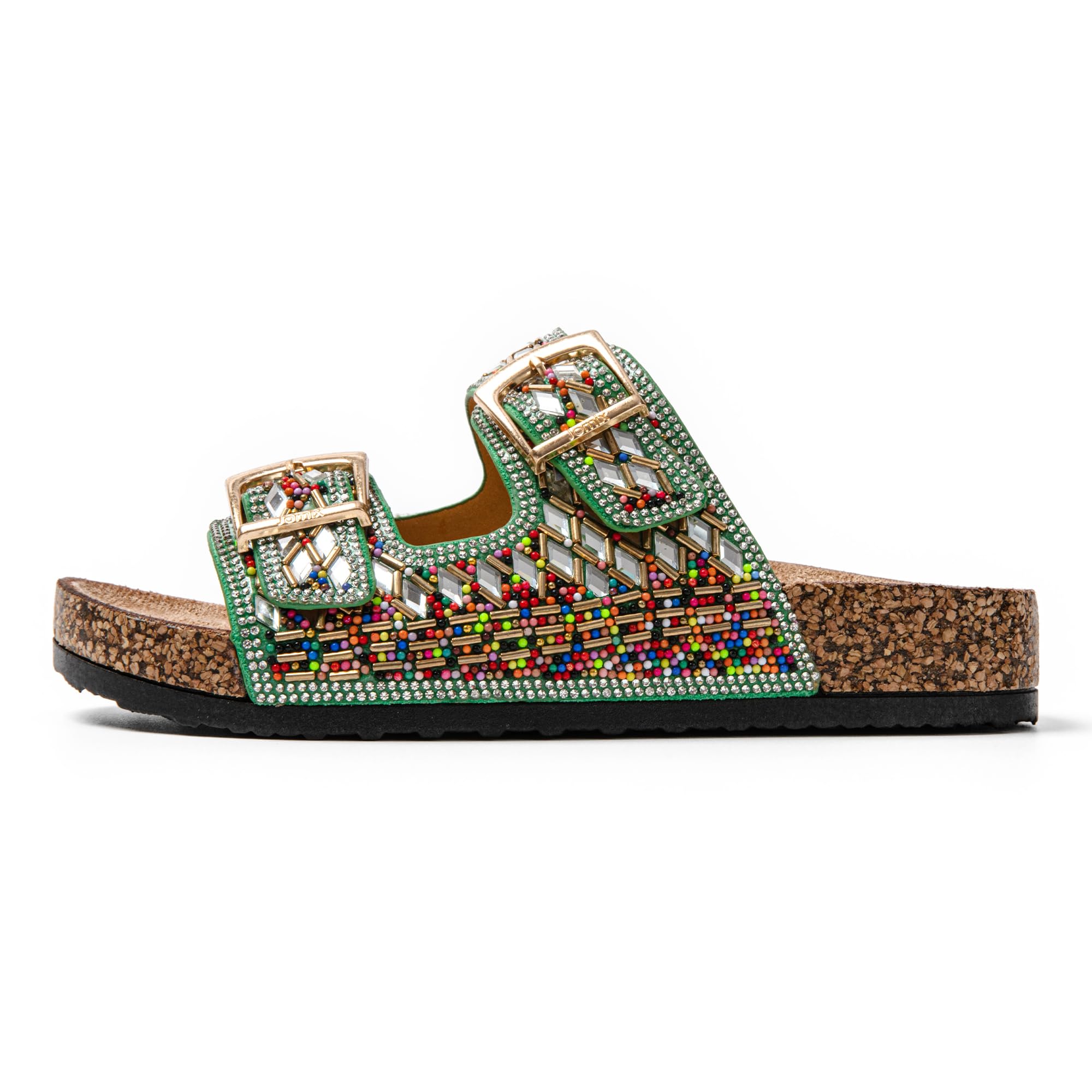 JOMIX Pantoletten Damen Glitzer Clogs Bunte Sandalen mit Strass Plateau Bequeme Strand Kork Schuhe