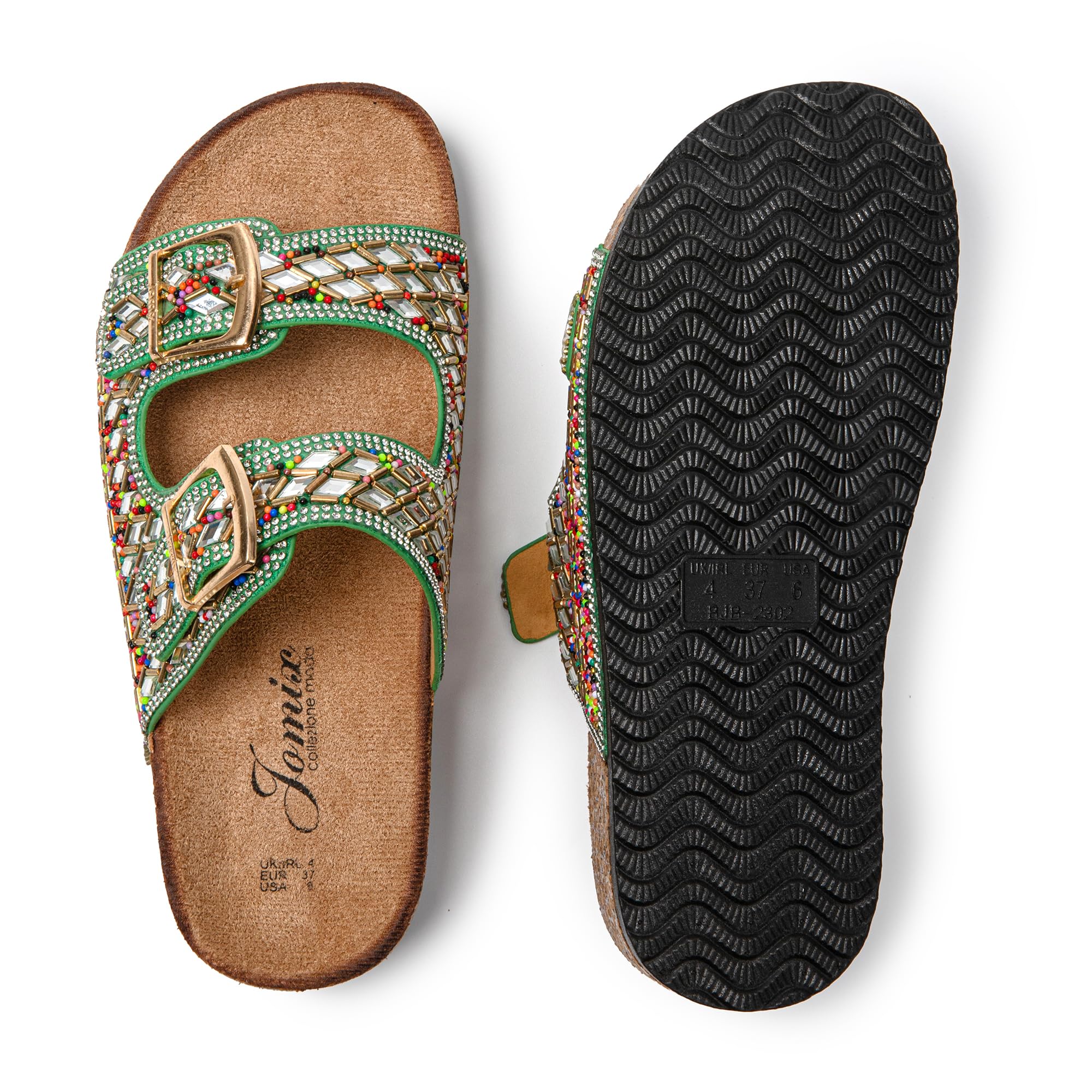 JOMIX Pantoletten Damen Glitzer Clogs Bunte Sandalen mit Strass Plateau Bequeme Strand Kork Schuhe