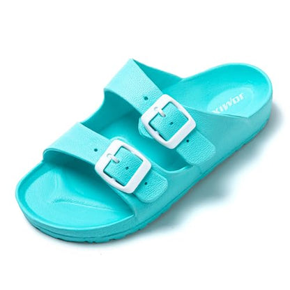 JOMIX Pantoletten Damen Sommer Bunte Badeschuhe mit Fussbett Flache Rutschfest Badelatschen Meer Pool Strand Schwimmen Schnalle Schlappen