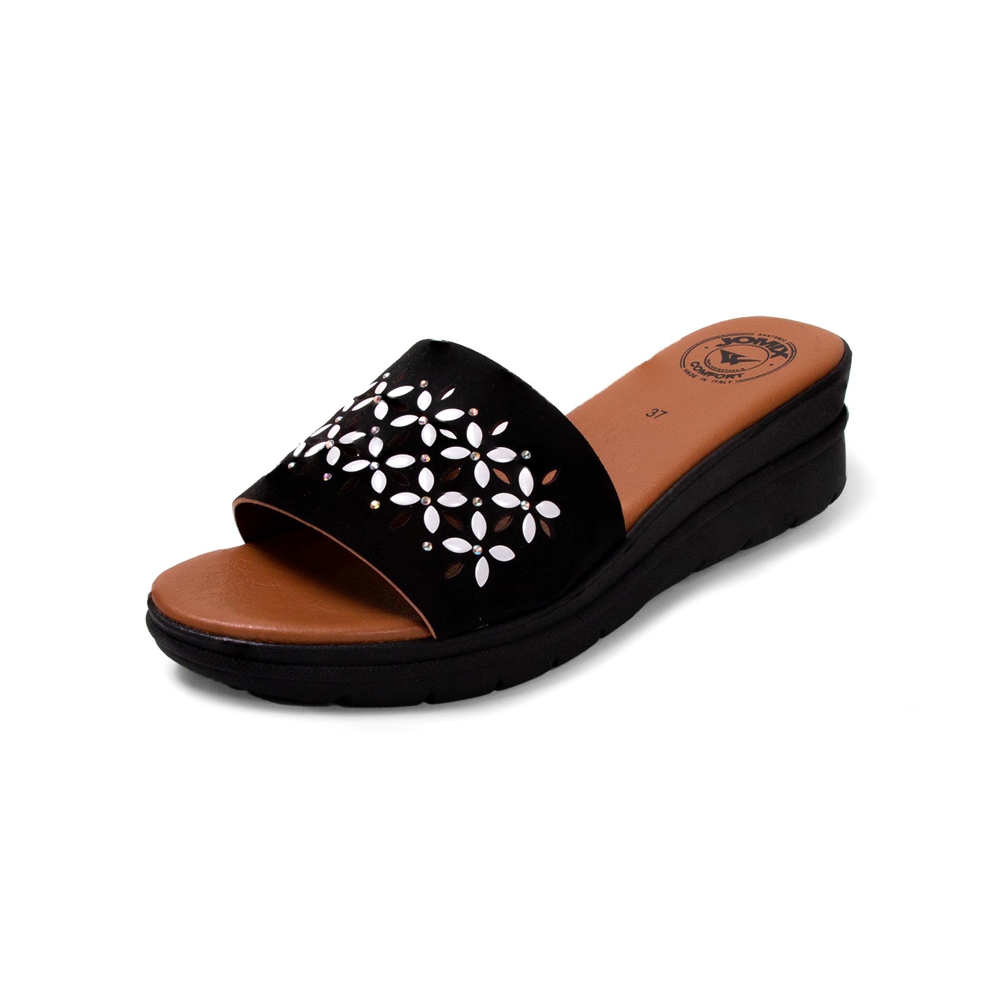 JOMIX Pantoletten Damen Sommer Sandalen mit Absatz Anatomische Fußbett Elegant Plateau Sternchen Schlappen Strand Pantoffeln Slipper