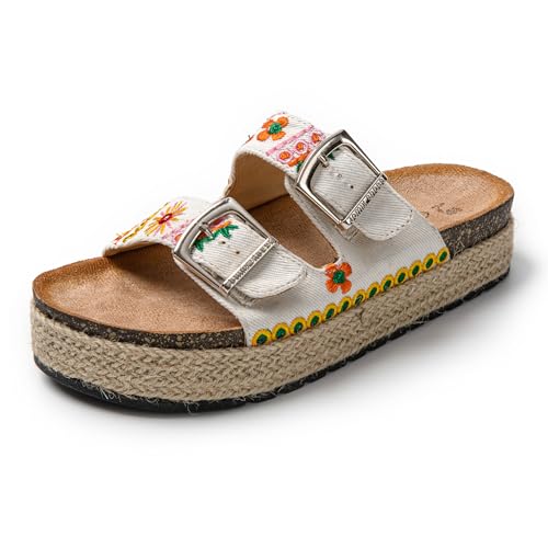 JOMIX Pantoletten Damen Sommer Sandalen mit Kork Fußbett Elegant Plateau Hausschuhe Weiche Verstellbaren Riemen Bequeme Meer Strand Slides