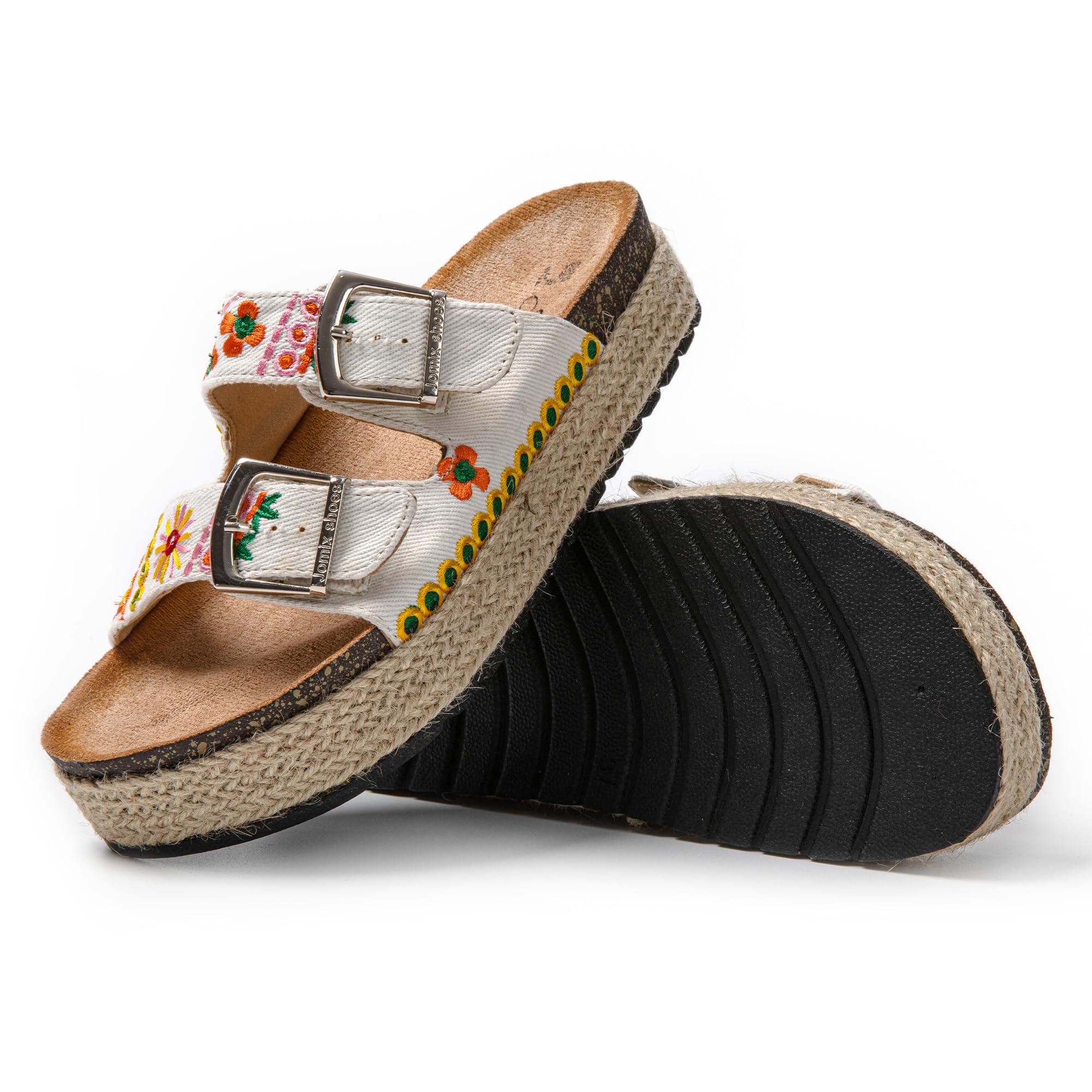 JOMIX Pantoletten Damen Sommer Sandalen mit Kork Fußbett Elegant Plateau Hausschuhe Weiche Verstellbaren Riemen Bequeme Meer Strand Slides