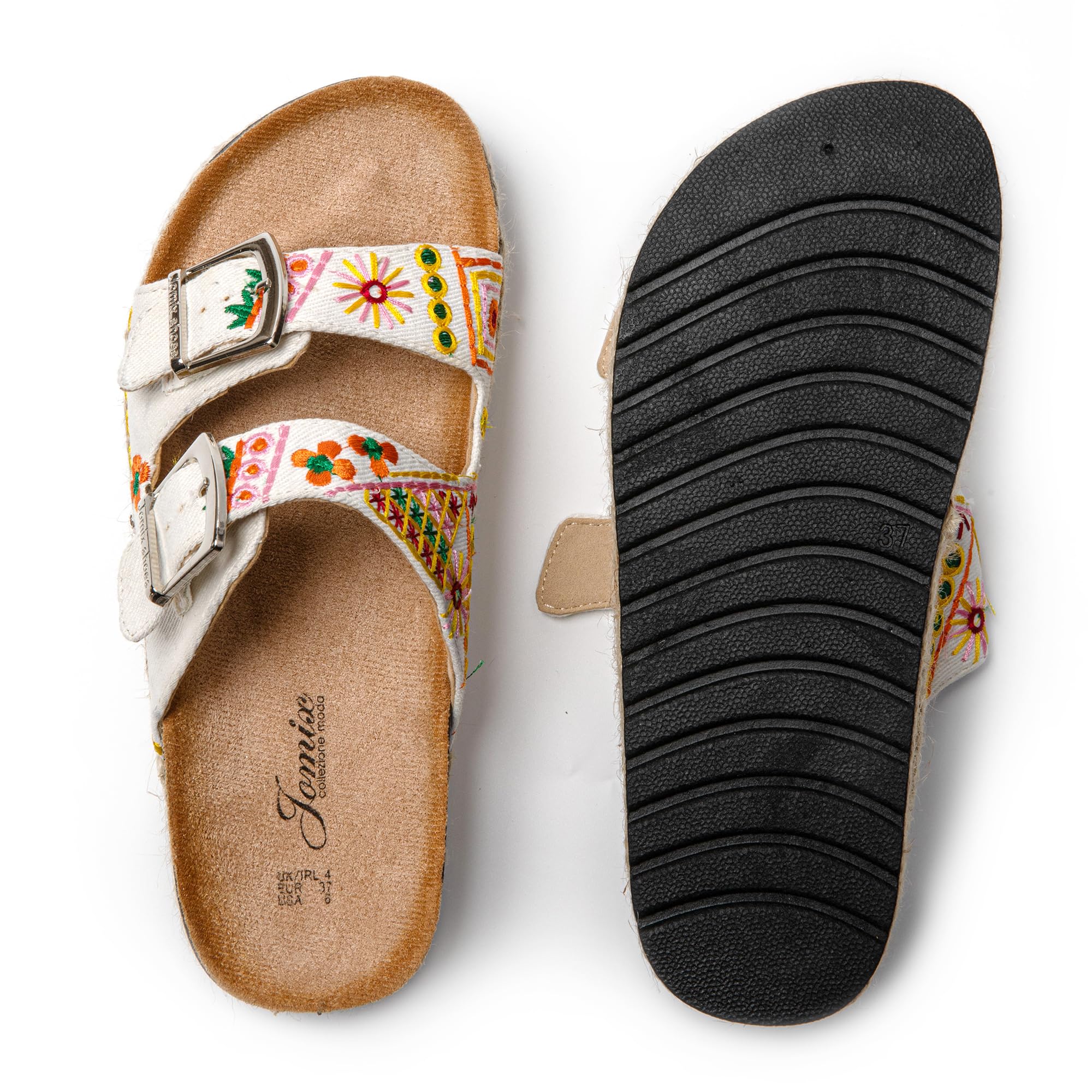 JOMIX Pantoletten Damen Sommer Sandalen mit Kork Fußbett Elegant Plateau Hausschuhe Weiche Verstellbaren Riemen Bequeme Meer Strand Slides