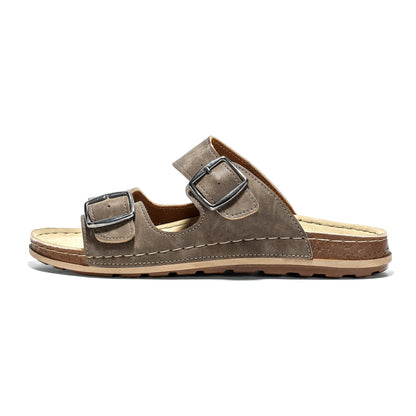 JOMIX Pantoletten Herren Sommer Elegant Hausschuhe mit Verstellbarer Rieme Atmungsaktiv Leichte Leder Sandalen Flache Strand Sommerschuhe Slipper