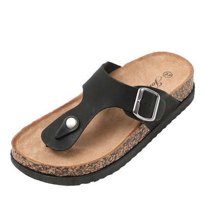 JOMIX Sommer Sandalen Damen Leder Zehentrenner Flip Flops Elegant Flache Strandschuhe Weiche Kork Fußbett
